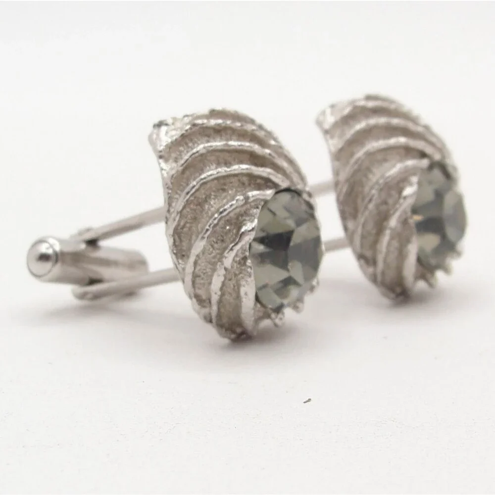 Vintage Swank Silver Tone Shell Cufflinks Smoky Rhinestone Glass MCM Wedding